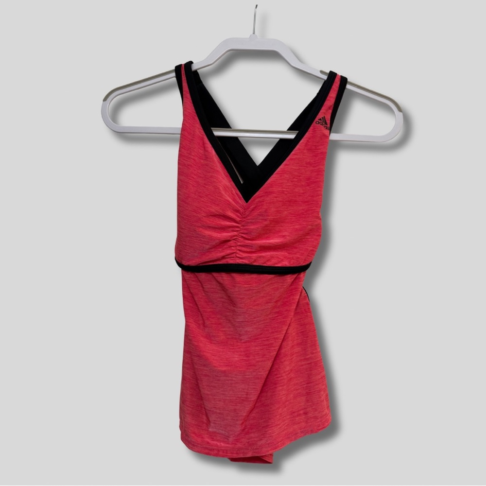 Adidas V-Neck Pink and Black Athletic Tank Top with Built in Bra